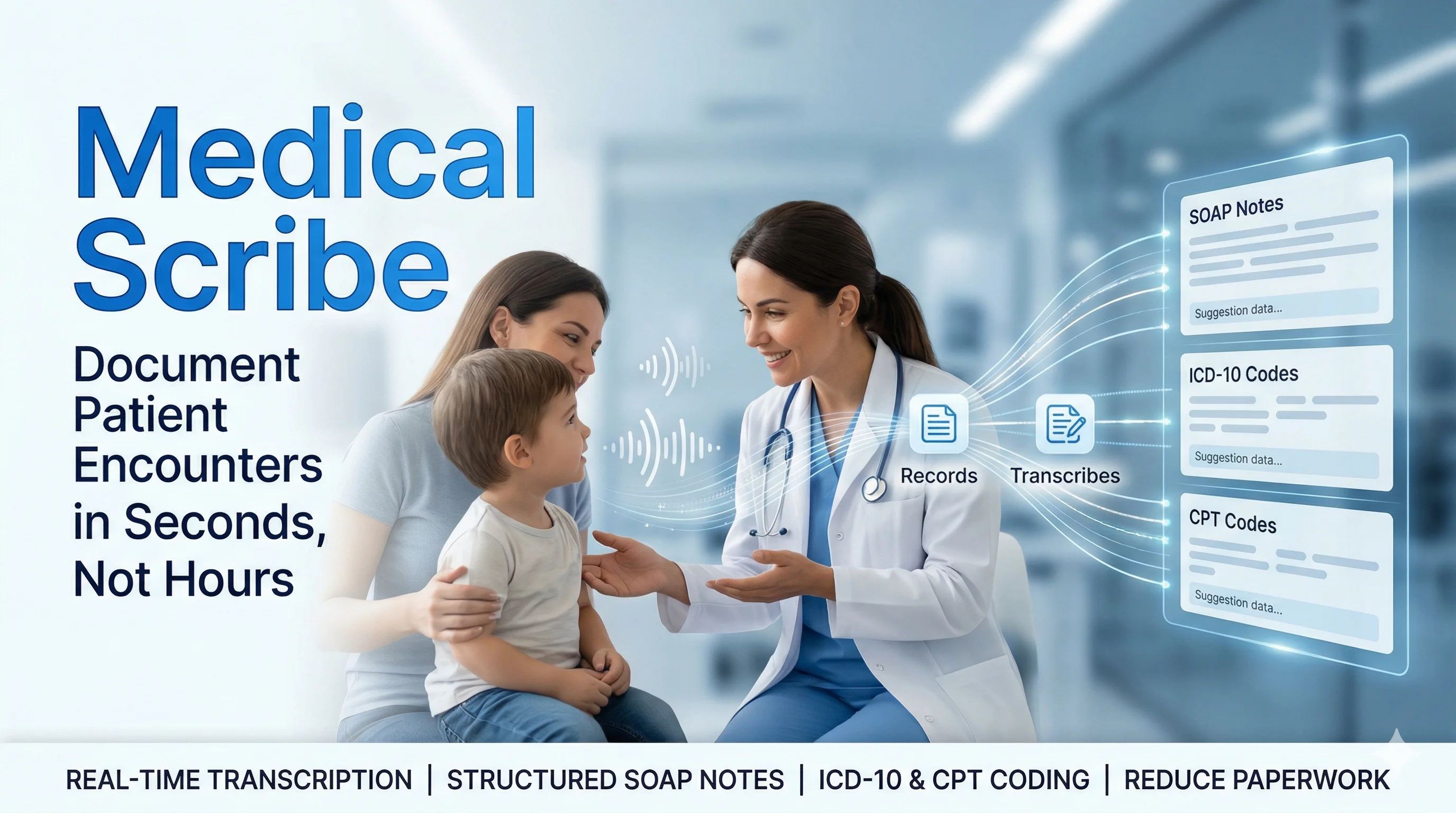 Scribe360 AI medical scribe — doctor with patient, SOAP notes, ICD-10 codes